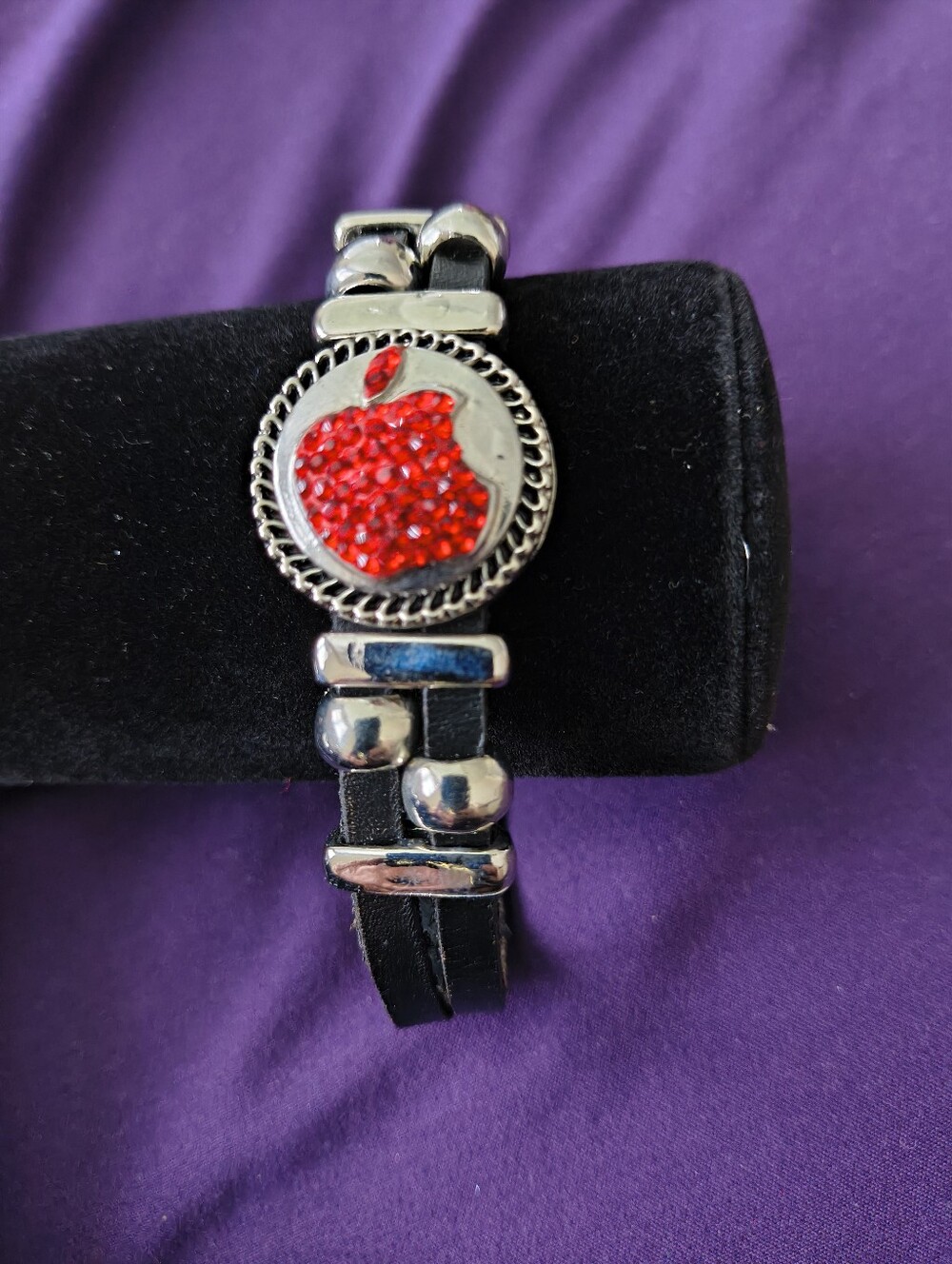 Red Apple Rhinestone Leather Bracelet With Silver Tone Accents